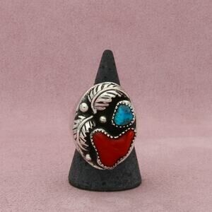 navajo sterling silver mens vintage coral & turquoise feathers ring size 10.5